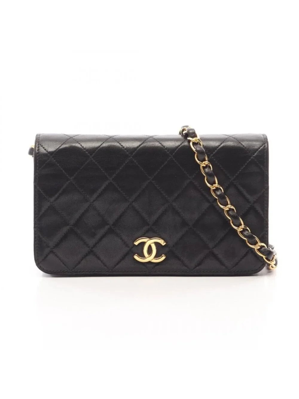 Chanel Shoulder Bag Mini Quilted Full Flap Black Lambskin Push Lock Chain